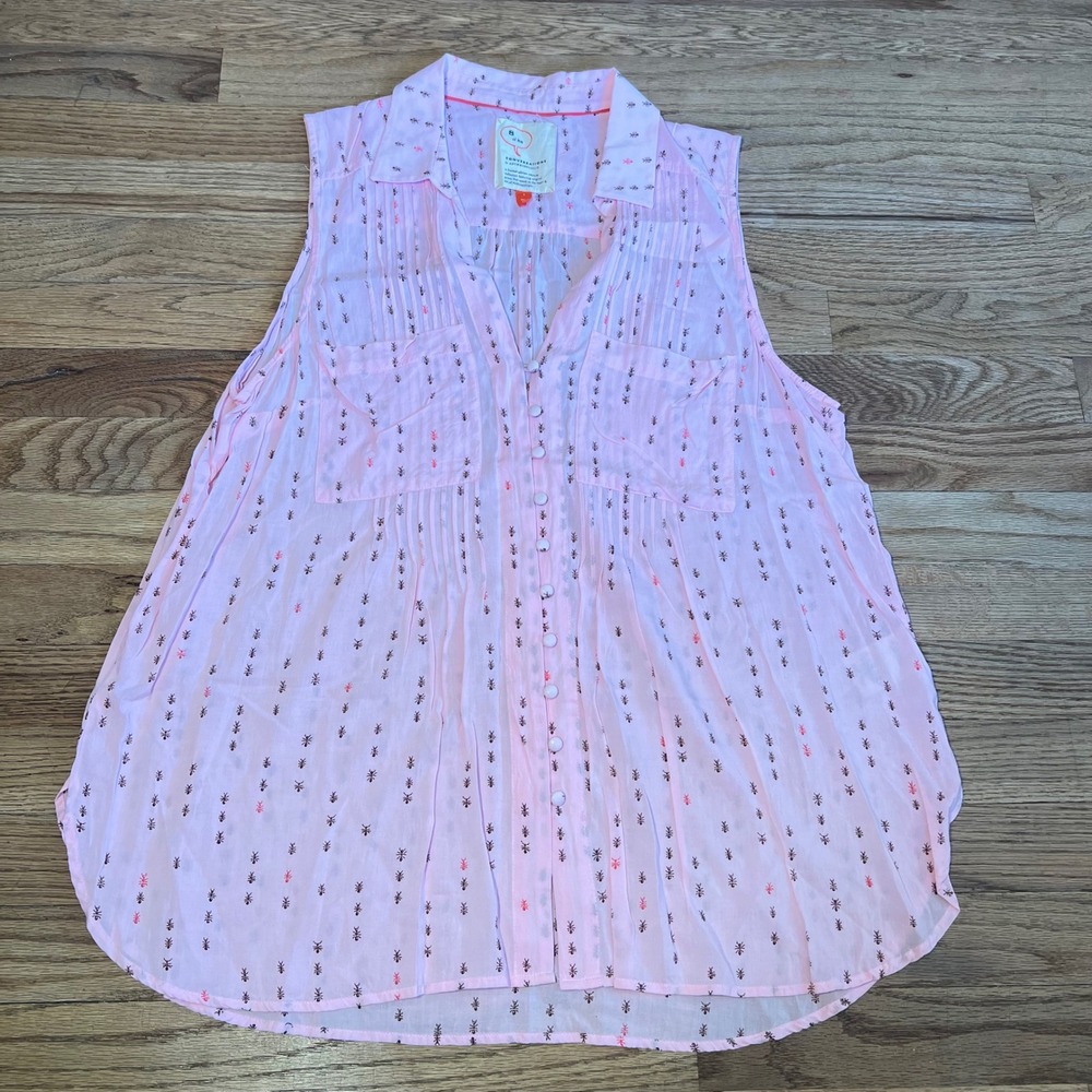 Conversations by Anthropologie Pink Ant Print Sleeveless Pintuck Blouse Size L - Picture 6 of 8